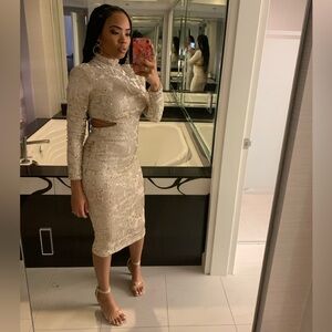 JLUXLABEL Tan Mock Neck Bodycon Dress